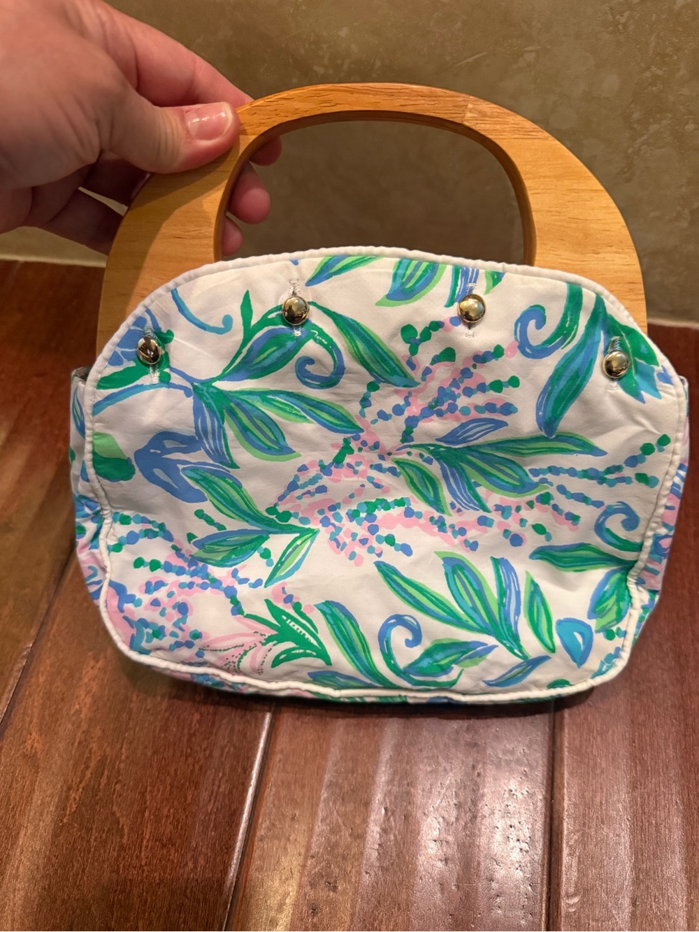 Lilly Pulitzer Bermuda Bag w/Wooden Handle Reversible Pink Green flowers/Striped